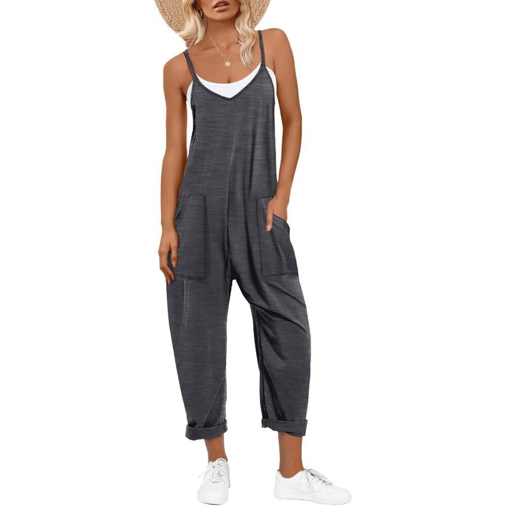 Women Deep Gray Casual Summer Overall Sleeveless Spaghetti Strap Romper Jumper
